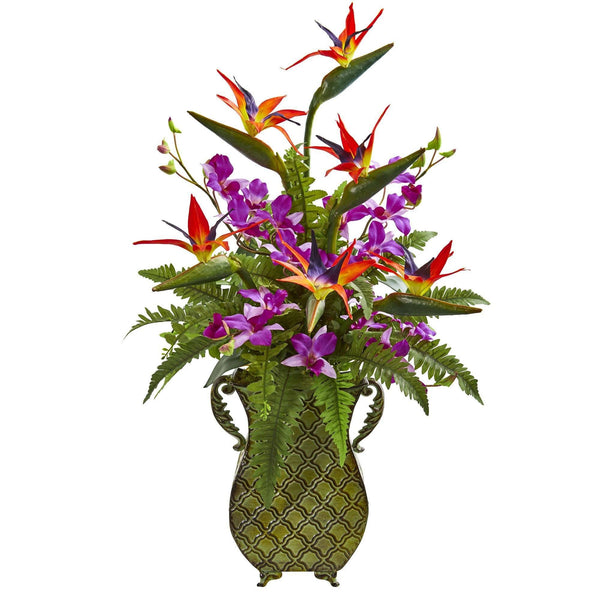 Bird of Paradise, Orchid and Fern Artificial Arrangement in Metal Planter