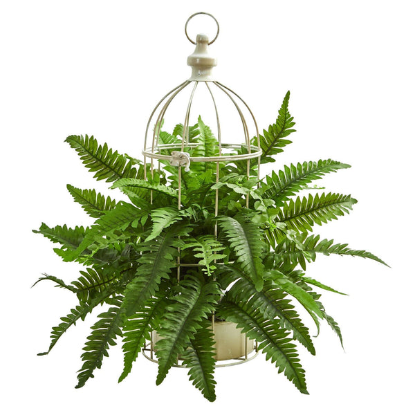 Boston Fern Artificial Plant in Decorative Cage