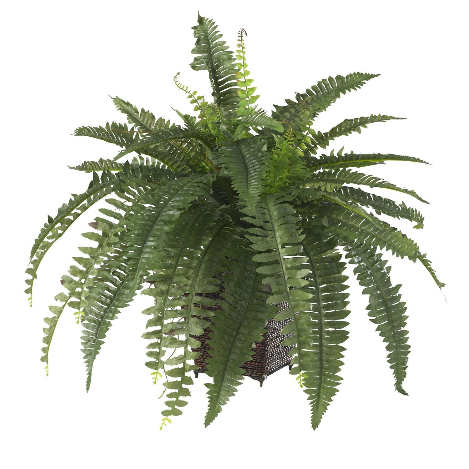 Boston Fern w/Wood Wicker Basket Silk Plant