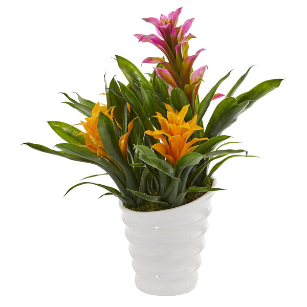 Bromeliad Artificial Plant in White  Vase
