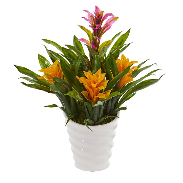 Bromeliad Artificial Plant in White  Vase