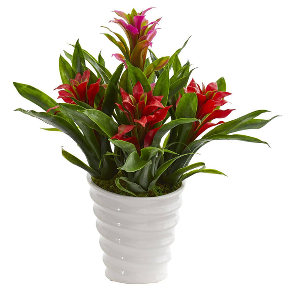 Bromeliad Artificial Plant in White  Vase