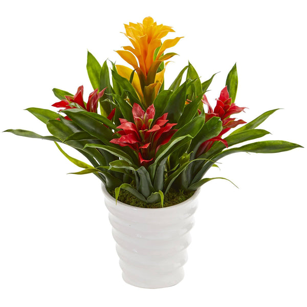 Bromeliad Artificial Plant in White  Vase