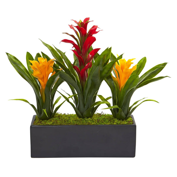 Faux Bromeliads in Rectangular Planter