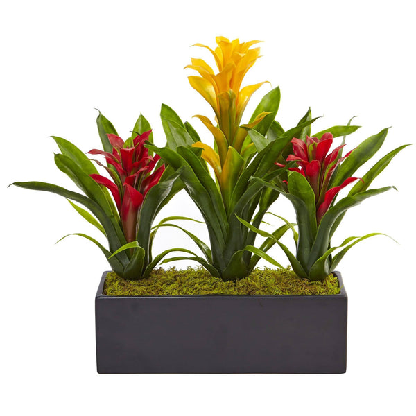 Faux Bromeliads in Rectangular Planter