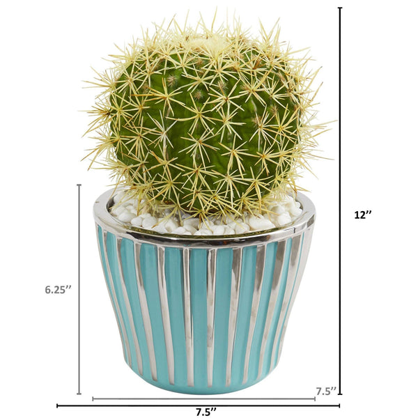 Cactus Artificial Plant in Turquoise Vase with Silver Trimming