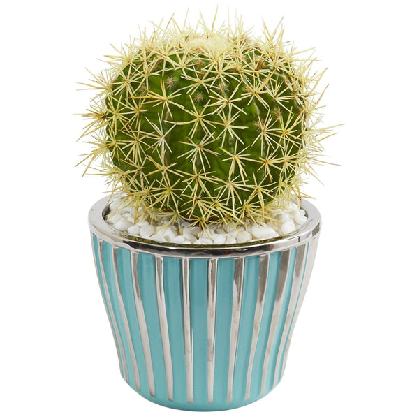 Cactus Artificial Plant in Turquoise Vase with Silver Trimming