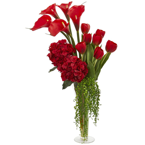 Calla, Hydrangea & Tulips Artificial Arrangement in Flared Vase