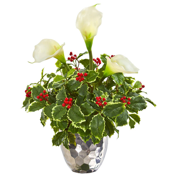 Calla Lilly and Holly Leaf Artificial Arrangement in Silver Vase