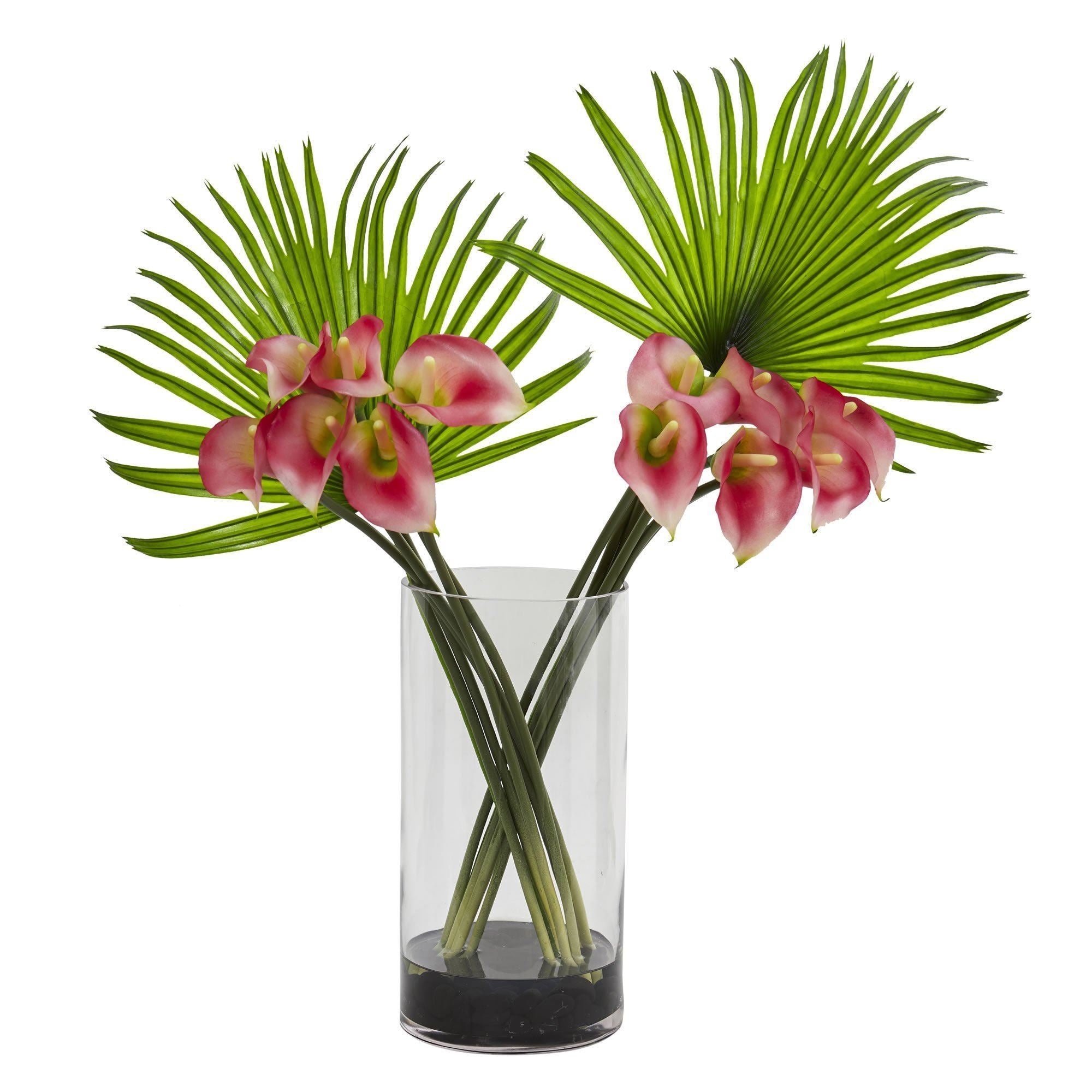 Calla Lily and Fan Palm Artificial Arrangement in Cylinder Glass 1524 ...