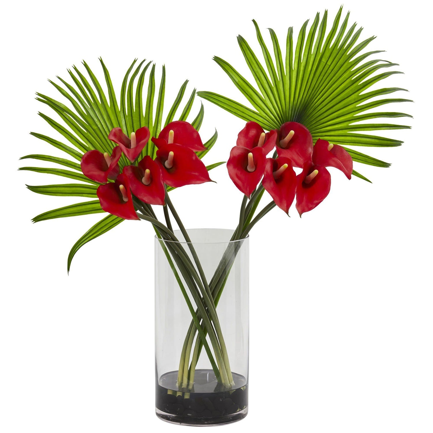 Calla Lily and Fan Palm Artificial Arrangement in Cylinder Glass