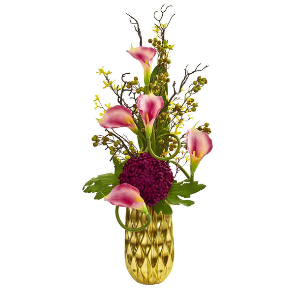 Calla Lily and Mum Artificial Arrangement in Gold Colored Vase