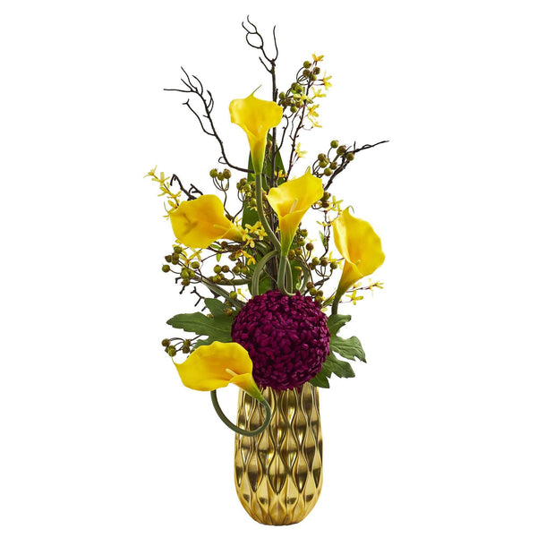 Calla Lily and Mum Artificial Arrangement in Gold Colored Vase