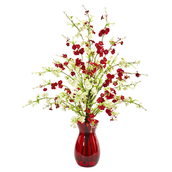 Cherry Blossom Artificial Arrangement in Ruby Vase