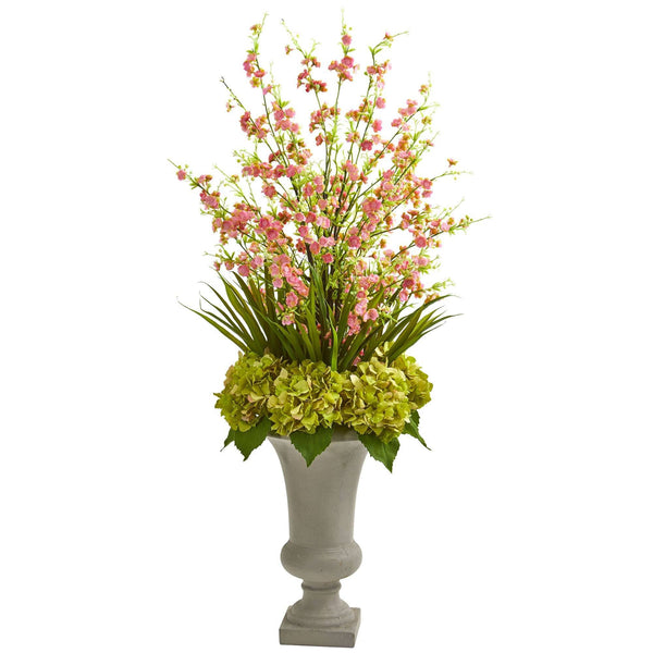 Cherry Blossom & Hydrangeas Artificial Arrangement in Urn
