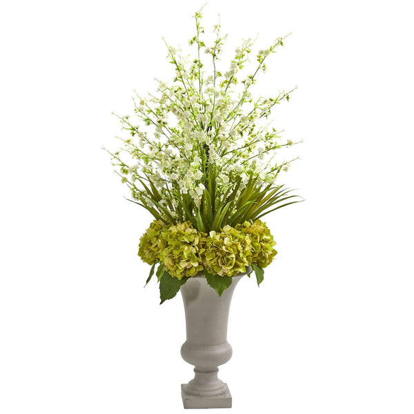 Cherry Blossom & Hydrangeas Artificial Arrangement in Urn