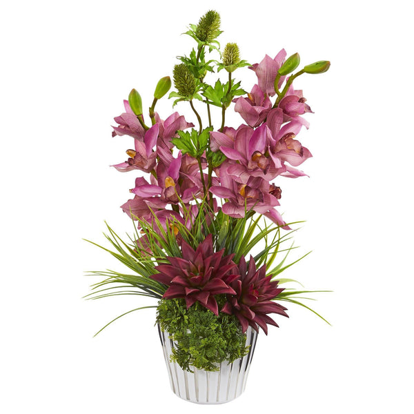 Cymbidium Orchid, Agave and Thistle Artificial Arrangement