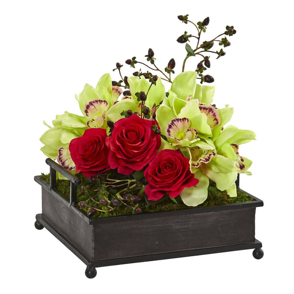 Cymbidium Orchid and Roses Artificial Arrangement in Metal Tray