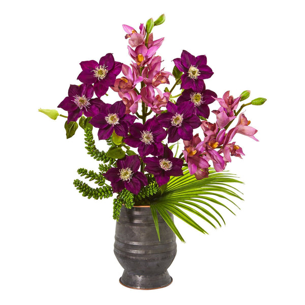 Cymbidium Orchid, Anemone, Succulent and Fan Palm Artificial Arrangement