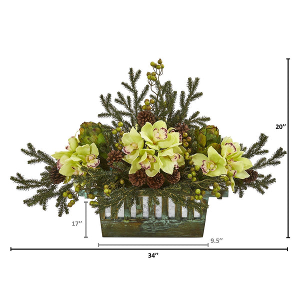 Cymbidium Orchid, Artichoke, Pine and Berries Artificial Arrangement