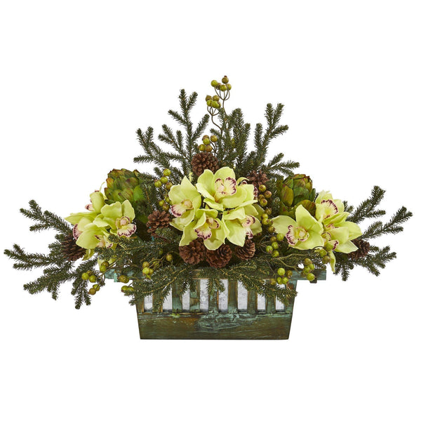 Cymbidium Orchid, Artichoke, Pine and Berries Artificial Arrangement