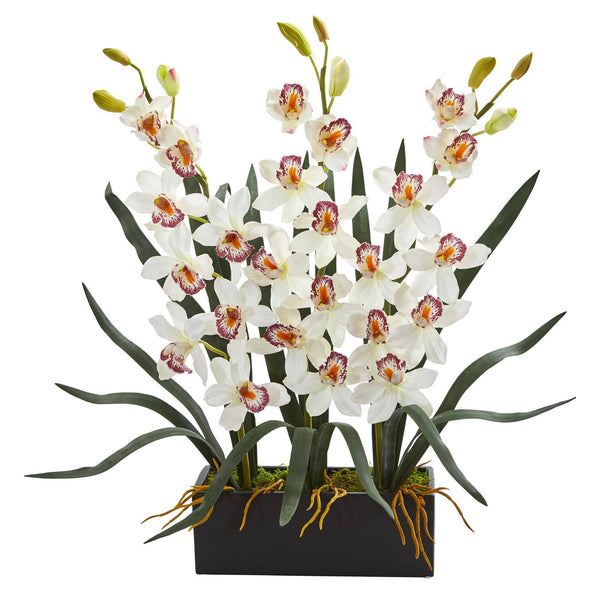 Cymbidium Orchid Artificial Arrangement in Black Vase