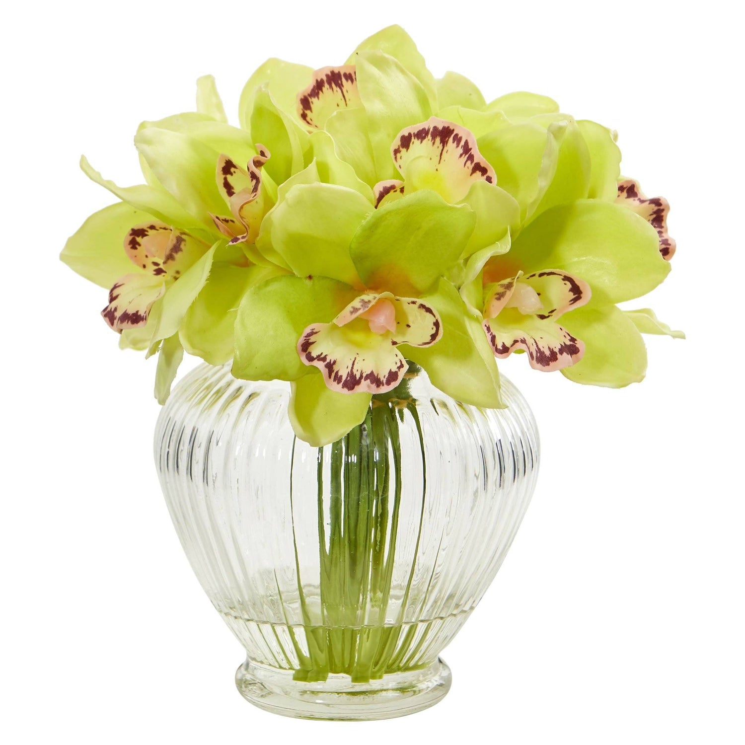 Faux Cymbidium Orchid Artificial Arrangement in Glass Vase