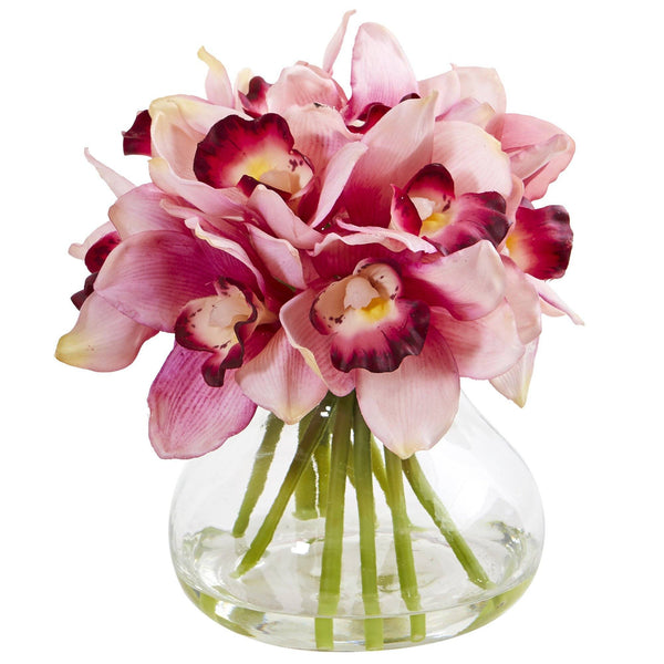 Cymbidium Silk Orchid Artificial Arrangement in Glass Vase