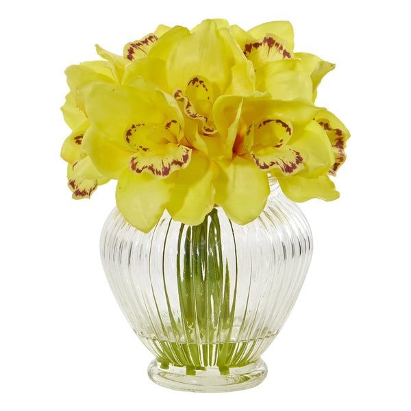 Faux Cymbidium Orchid Artificial Arrangement in Glass Vase