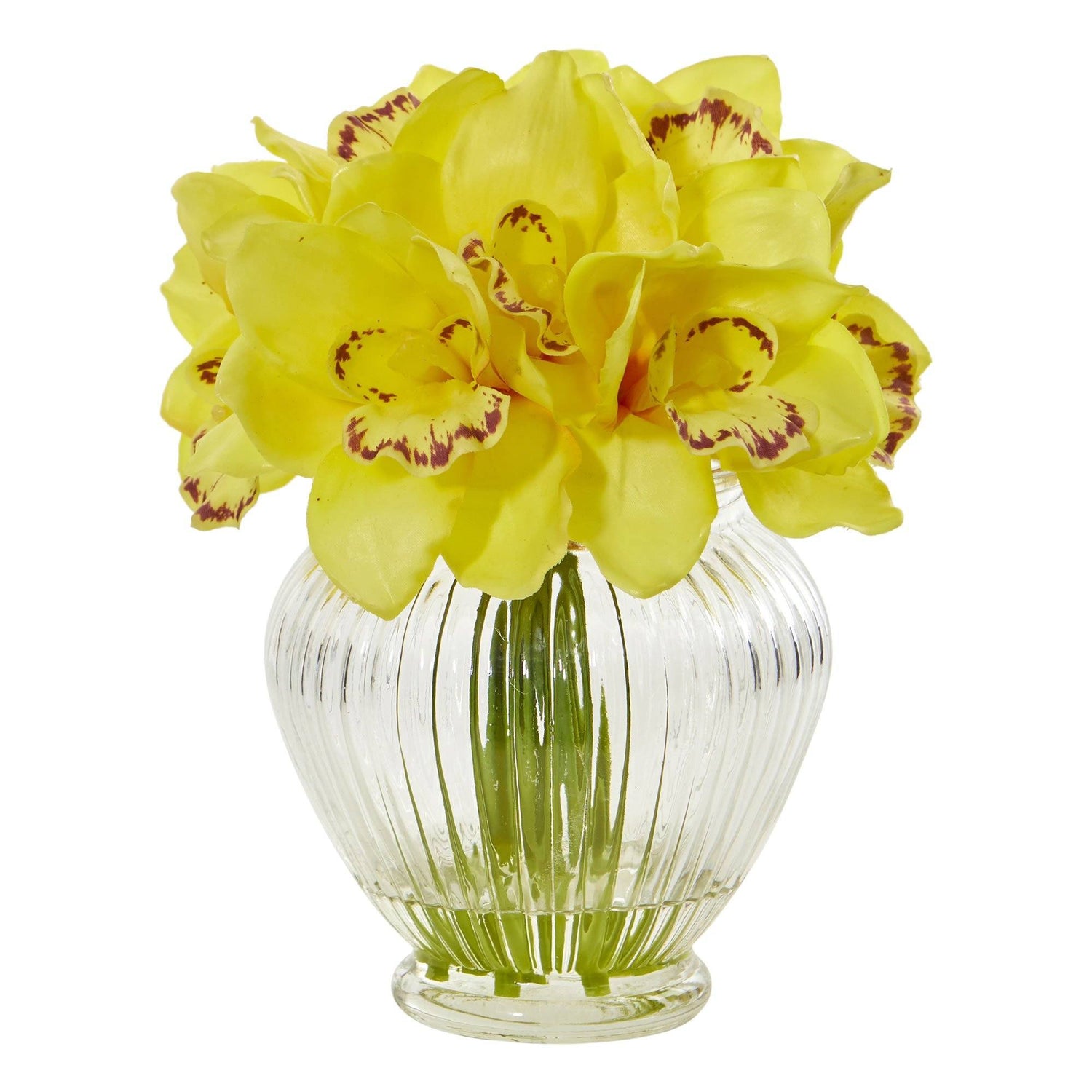 Faux Cymbidium Orchid Artificial Arrangement in Glass Vase
