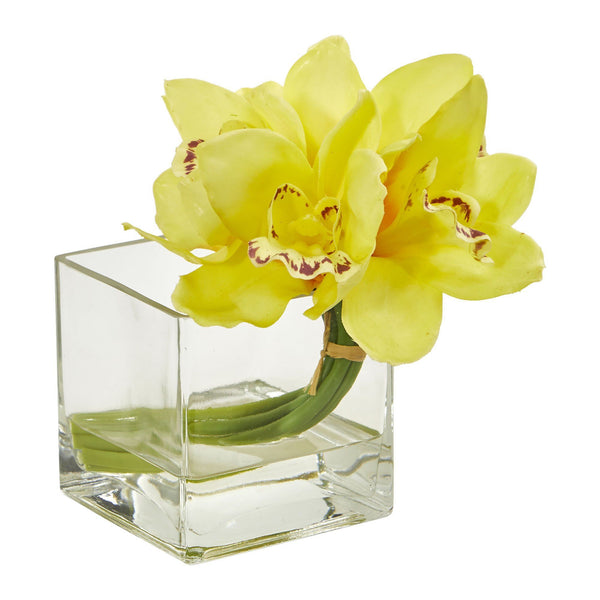 Cymbidium Orchid Artificial Arrangement in Glass Vase (Set of 2)