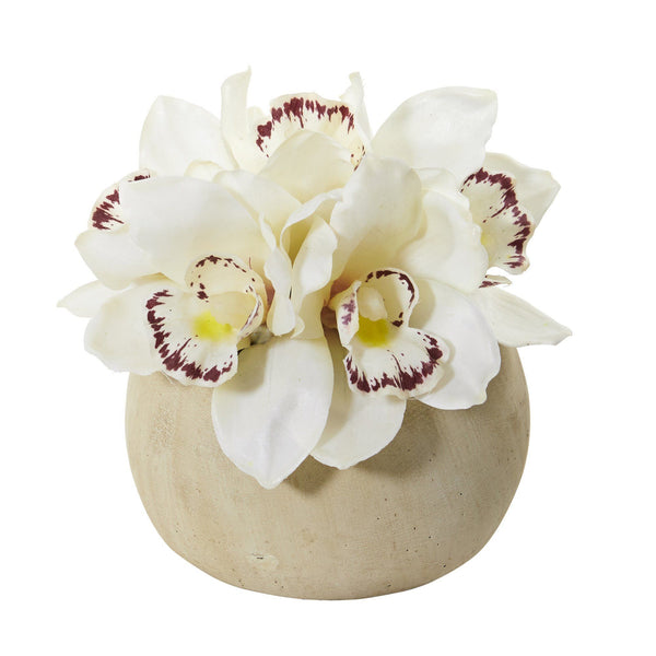 Cymbidium Orchid Artificial Arrangement in Stone Vase
