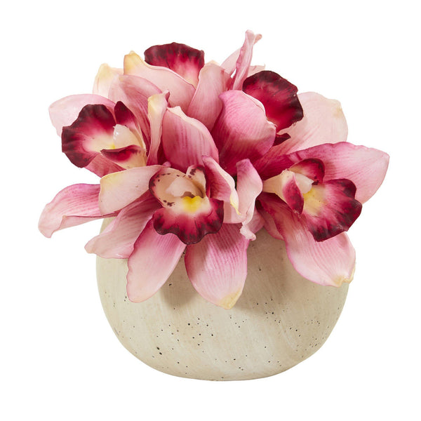 Cymbidium Orchid Artificial Arrangement in Stone Vase