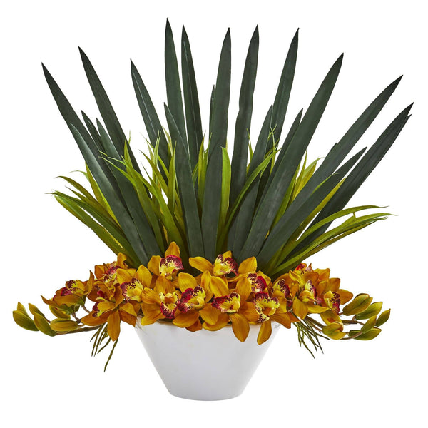 Cymbidium Orchid Artificial Arrangement in White Bowl