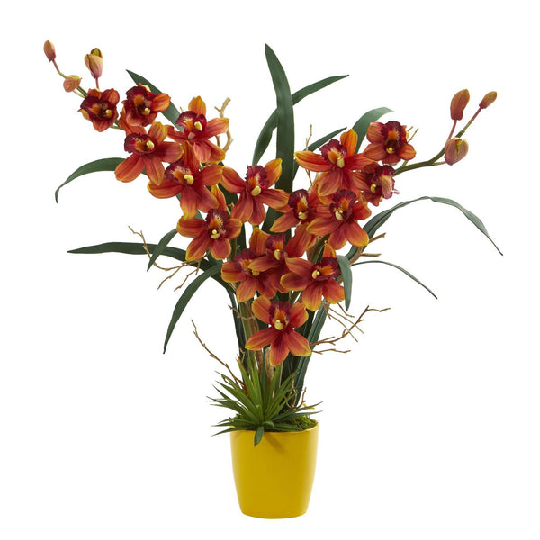 Cymbidium Orchid Artificial Arrangement in Yellow Vase