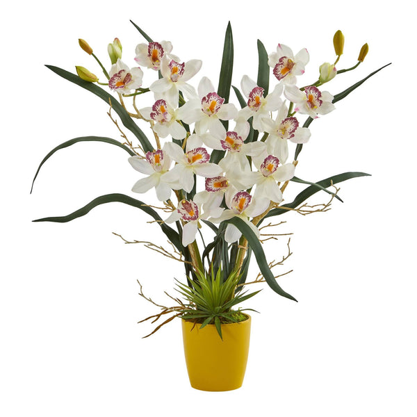 Cymbidium Orchid Artificial Arrangement in Yellow Vase