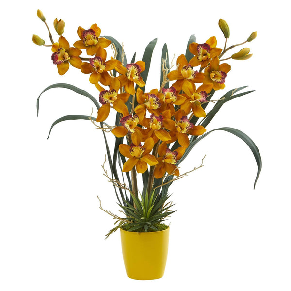 Cymbidium Orchid Artificial Arrangement in Yellow Vase