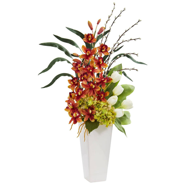 Cymbidium Orchid, Hydrangea and Tulip Artificial Arrangement