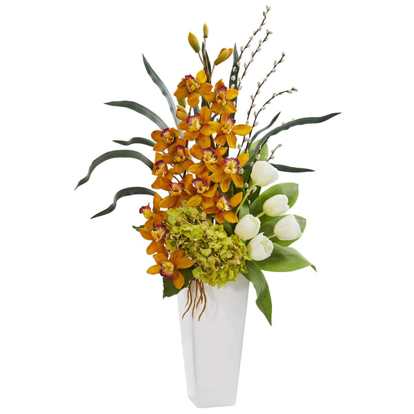 Cymbidium Orchid, Hydrangea and Tulip Artificial Arrangement