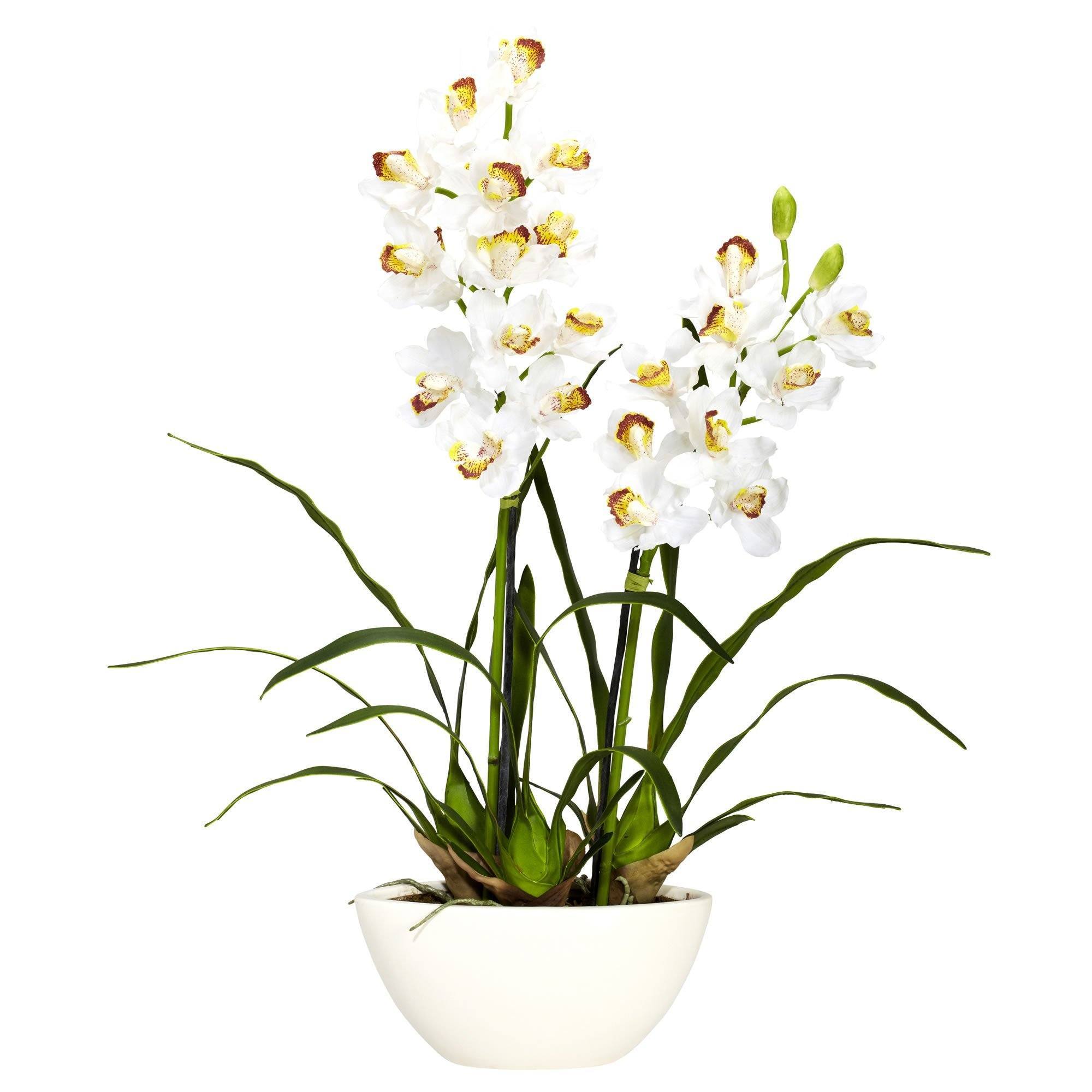 Nearly Natural Cymbidium Orchid Artificial Black Vase Silk Arrangements Bur 
