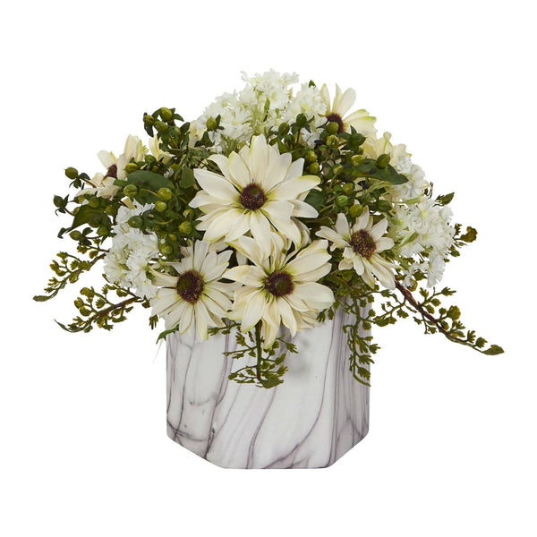 Daisy Artificial Arrangement in Marble Finished Vase