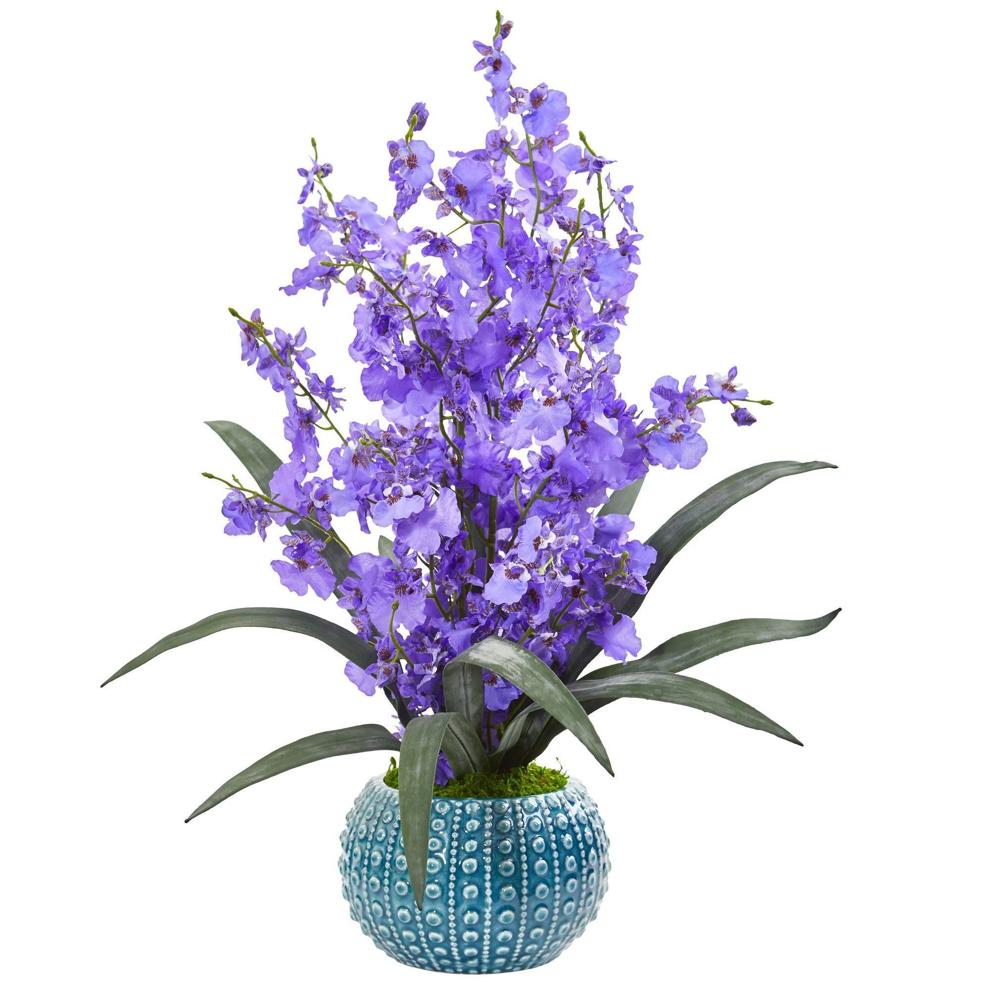 Dancing Lady Orchid Artificial Arrangement in Blue Vase 1822