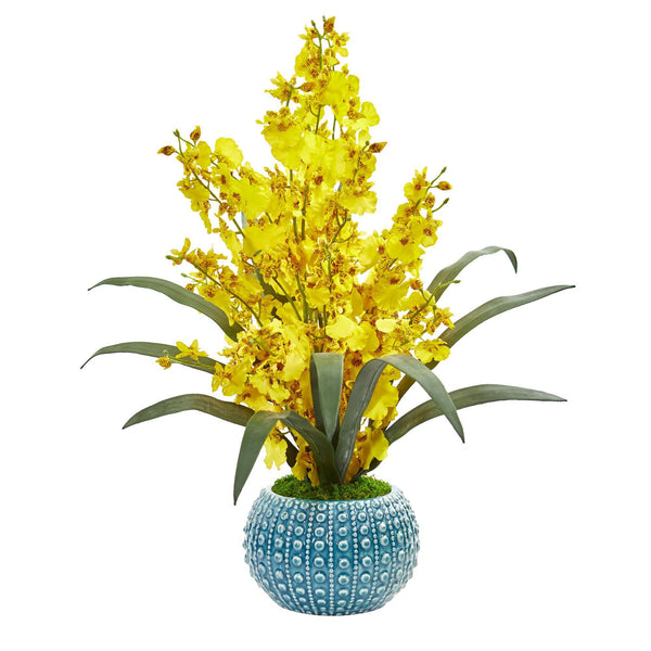 Dancing Lady Orchid Artificial Arrangement in Blue Vase