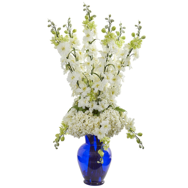 Delphinium and Hydrangea Artificial Arrangement in Blue Vase