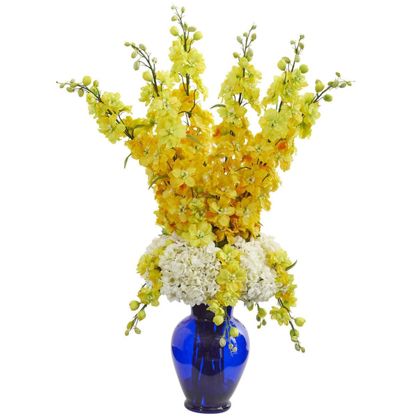 Delphinium and Hydrangea Artificial Arrangement in Blue Vase