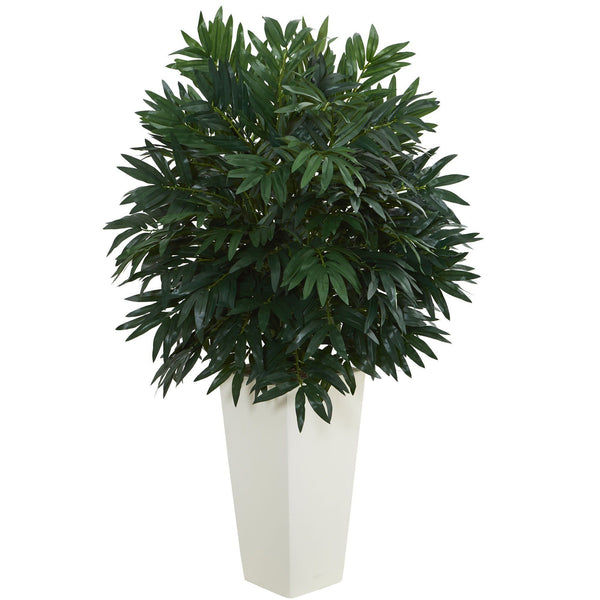 Double Bamboo Palm Artificial Plant in White Tower Vase