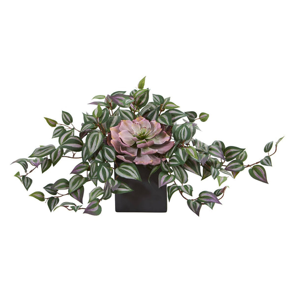 Echeveria and Wandering Jew Artificial Plant in Black Vase