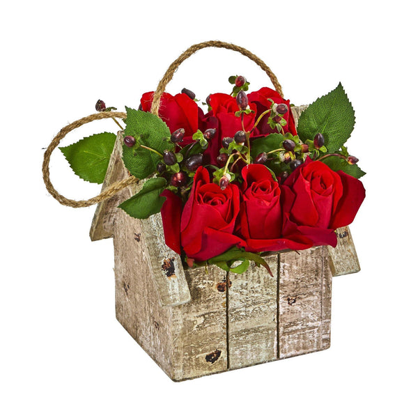 Elegant Rose Artificial Arrangement in Birdhouse Hanging Planter
