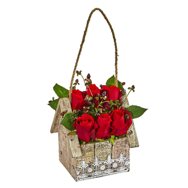 Elegant Rose Artificial Arrangement in Birdhouse Hanging Planter