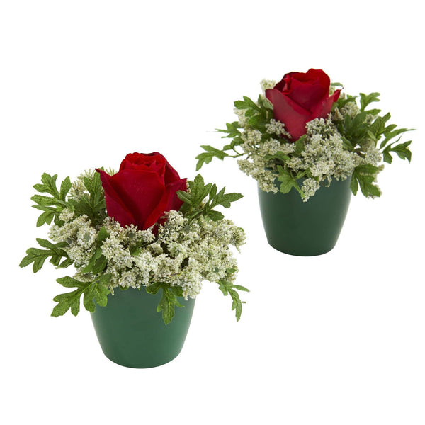 Elegant Rose Artificial Arrangement in Green Planter (Set of 2)